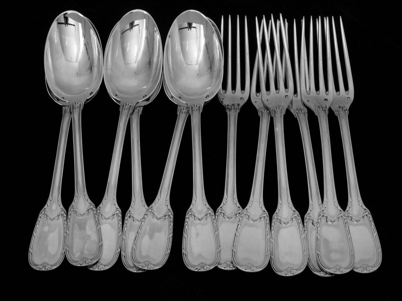 Puiforcat French Sterling Silver Dinner Flatware Set of 12 Pieces Neoclassical For Sale 1