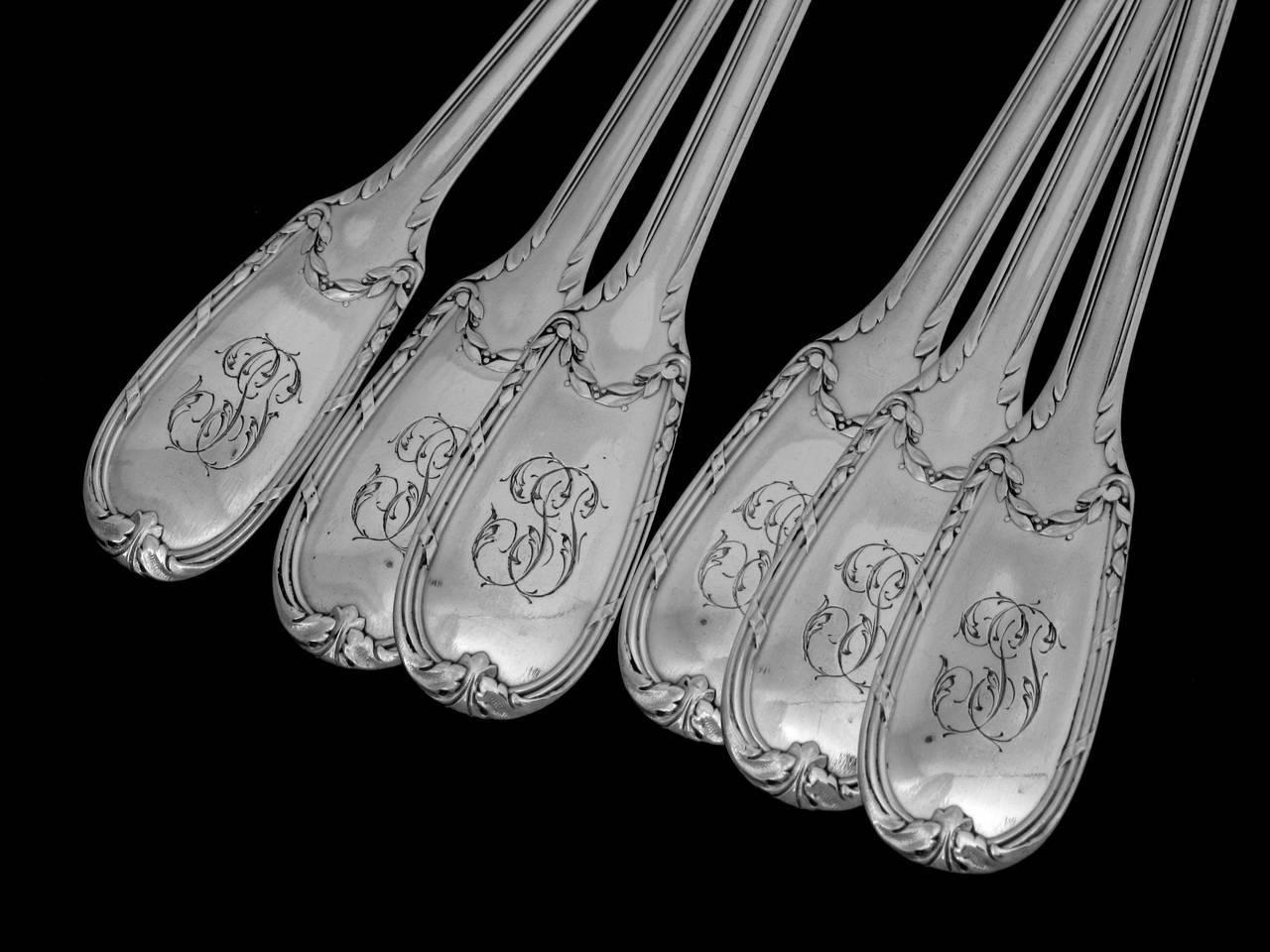 Puiforcat French Sterling Silver Dinner Flatware Set of 12 Pieces Neoclassical For Sale 2