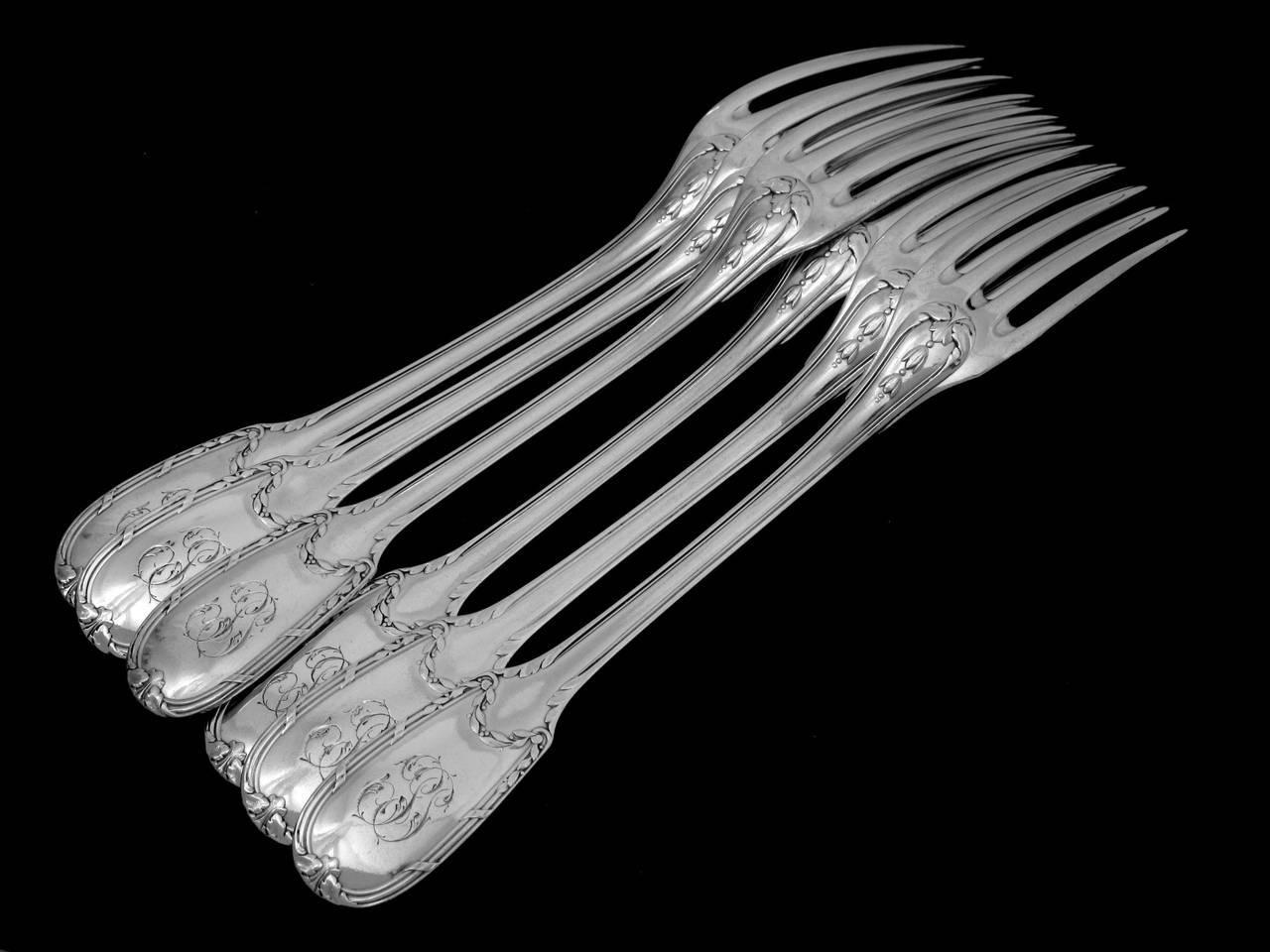 Puiforcat French Sterling Silver Dinner Flatware Set of 12 Pieces Neoclassical For Sale 4