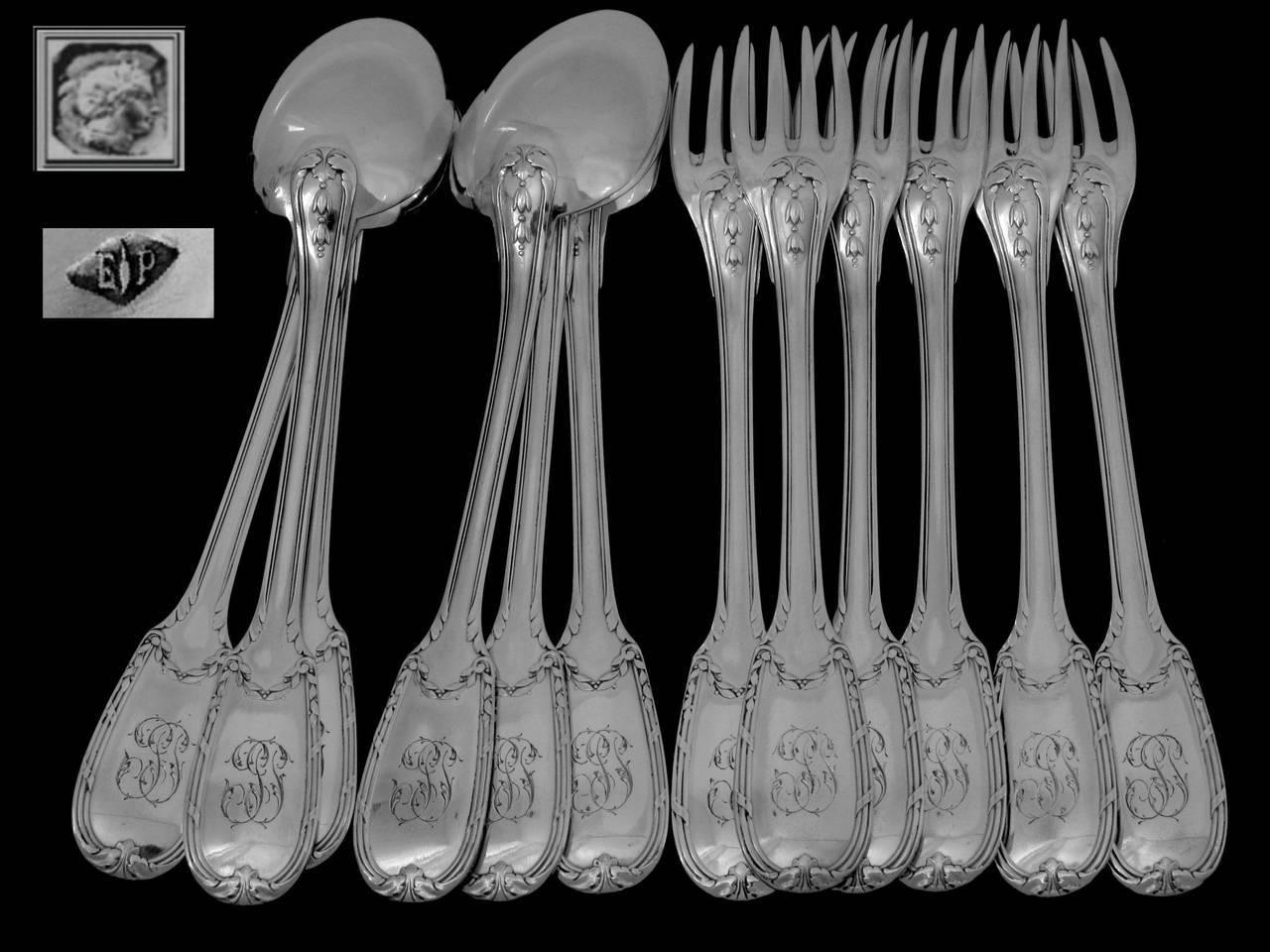Puiforcat French Sterling Silver Dinner Flatware Set of 12 Pieces Neoclassical For Sale 5