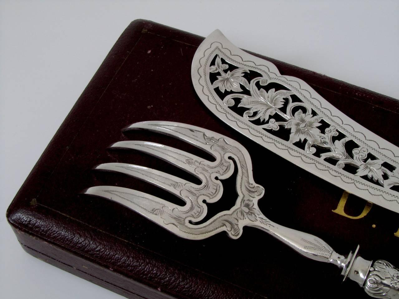 Art Nouveau Antique French Sterling Silver Fish Server Set of Two Pieces with Original Box For Sale