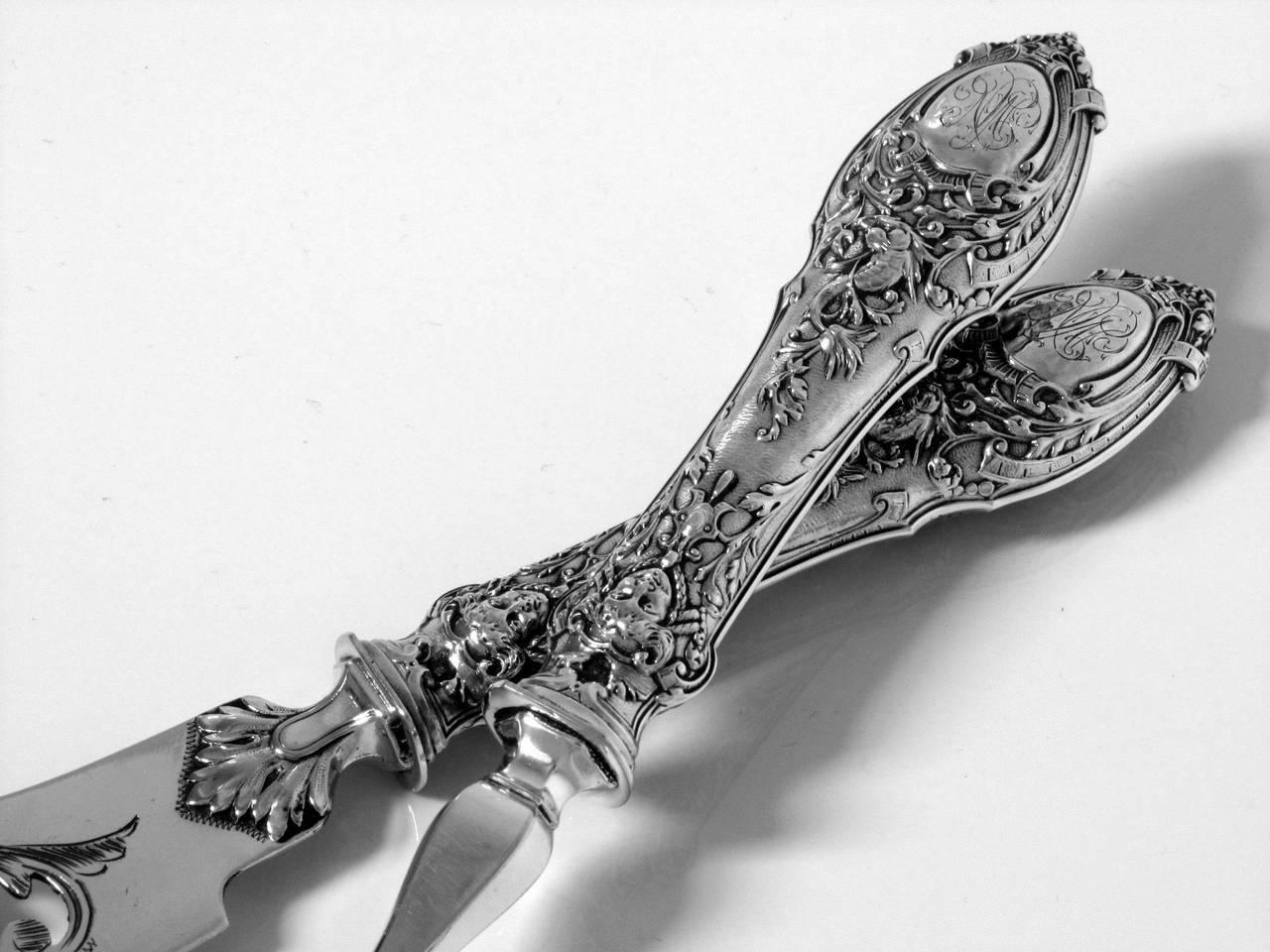 Huignard Fabulous French Sterling Silver Fish Servers Dolphin, Mascaron In Excellent Condition In TRIAIZE, PAYS DE LOIRE