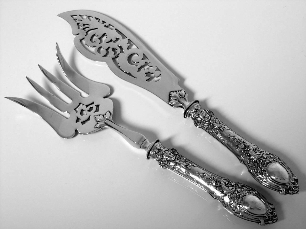 Late 19th Century Huignard Fabulous French Sterling Silver Fish Servers Dolphin, Mascaron