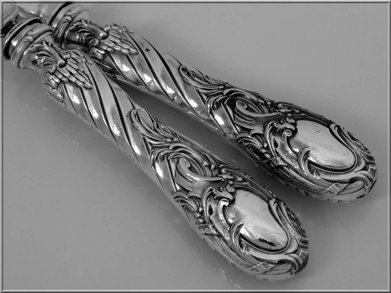 Lefevre Gorgeous French Sterling Silver Fish Servers Two Pieces Rococo For Sale 3