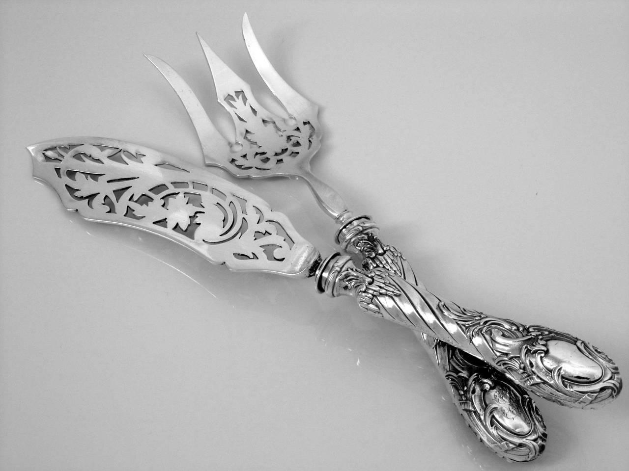 Lefevre Gorgeous French Sterling Silver Fish Servers Two Pieces Rococo For Sale 1