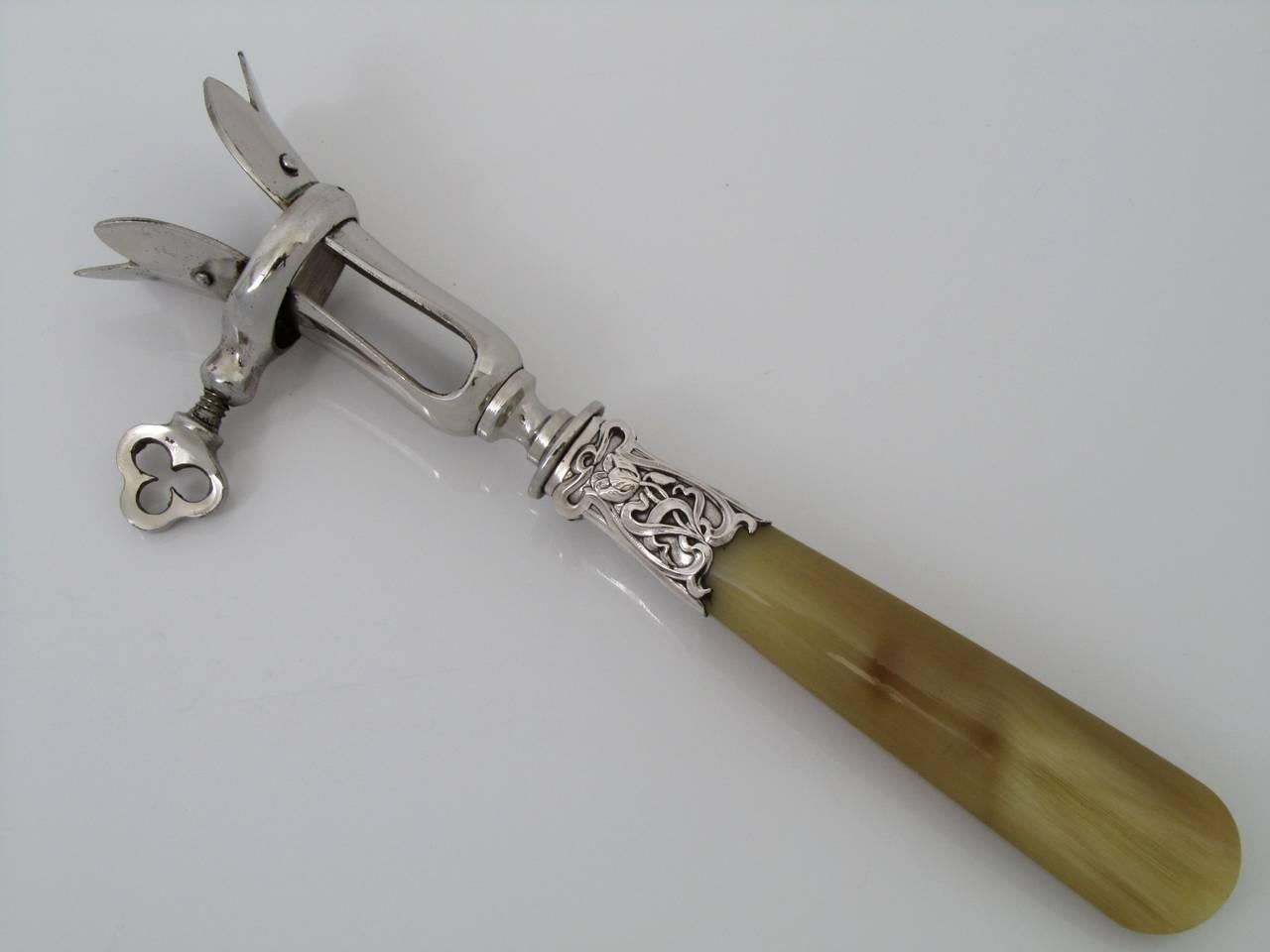 Art Nouveau French Horn Sterling Silver Table Knife Set with Matching Serving Pieces Box