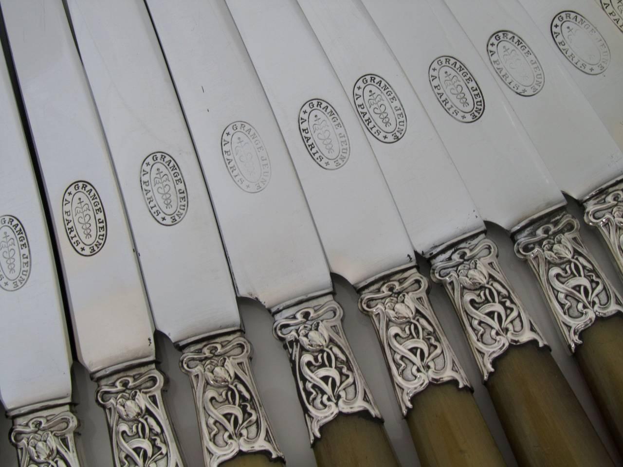 Early 20th Century French Horn Sterling Silver Table Knife Set with Matching Serving Pieces Box