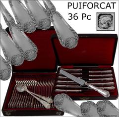 Puiforcat French Sterling Silver Dinner Flatware Set 36 Pieces Baron Crest
