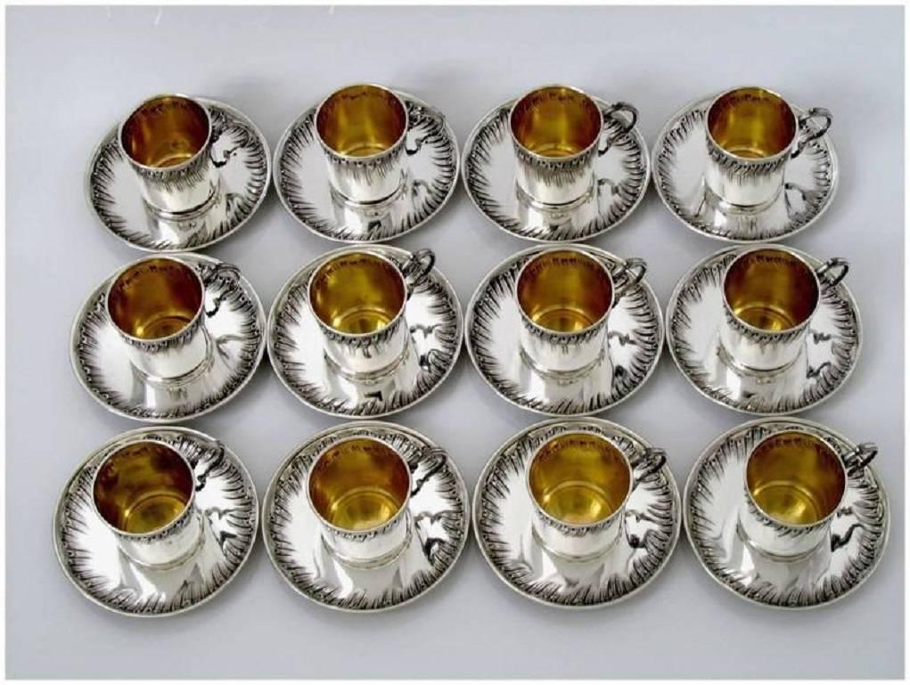 Rococo Boulenger Rare French Sterling Silver 18-Karat Gold Twelve Coffee or Tea Cups