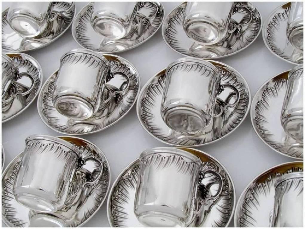 Early 20th Century Boulenger Rare French Sterling Silver 18-Karat Gold Twelve Coffee or Tea Cups
