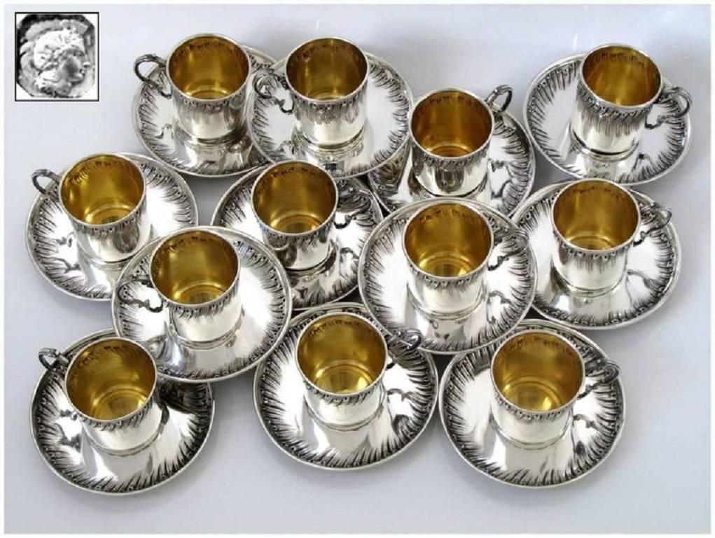 Boulenger Rare French Sterling Silver 18-Karat Gold Twelve Coffee or Tea Cups 4