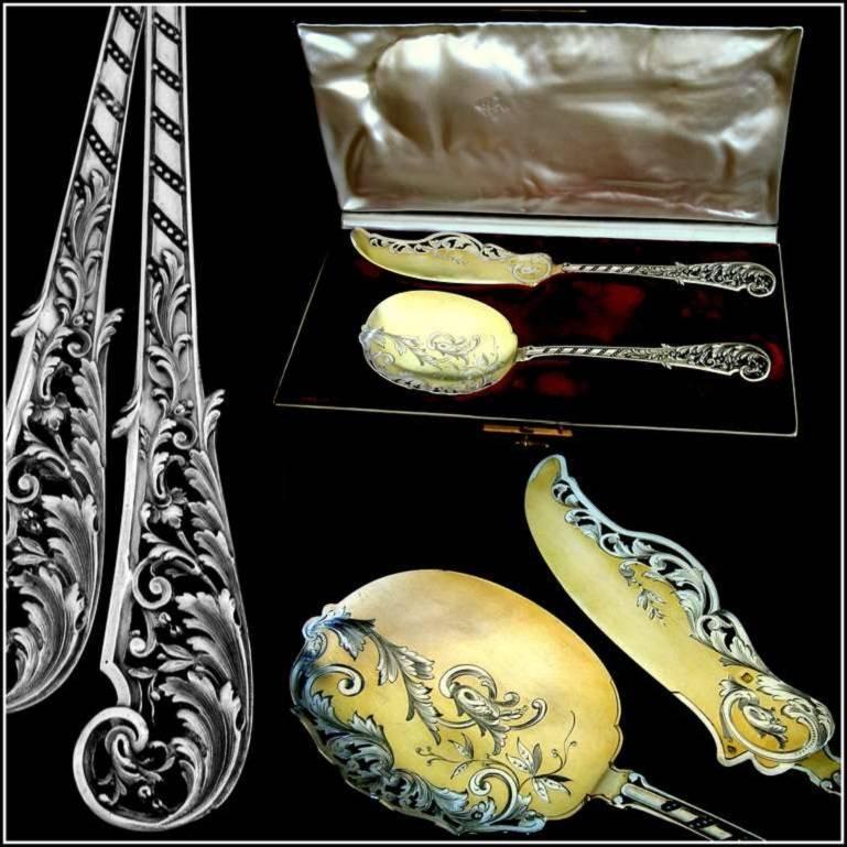 A rare French sterling silver vermeil ice cream set of two pieces of truly exceptional quality, for the richness of the decoration, the form and sculpting. Part of the Henri Soufflot 