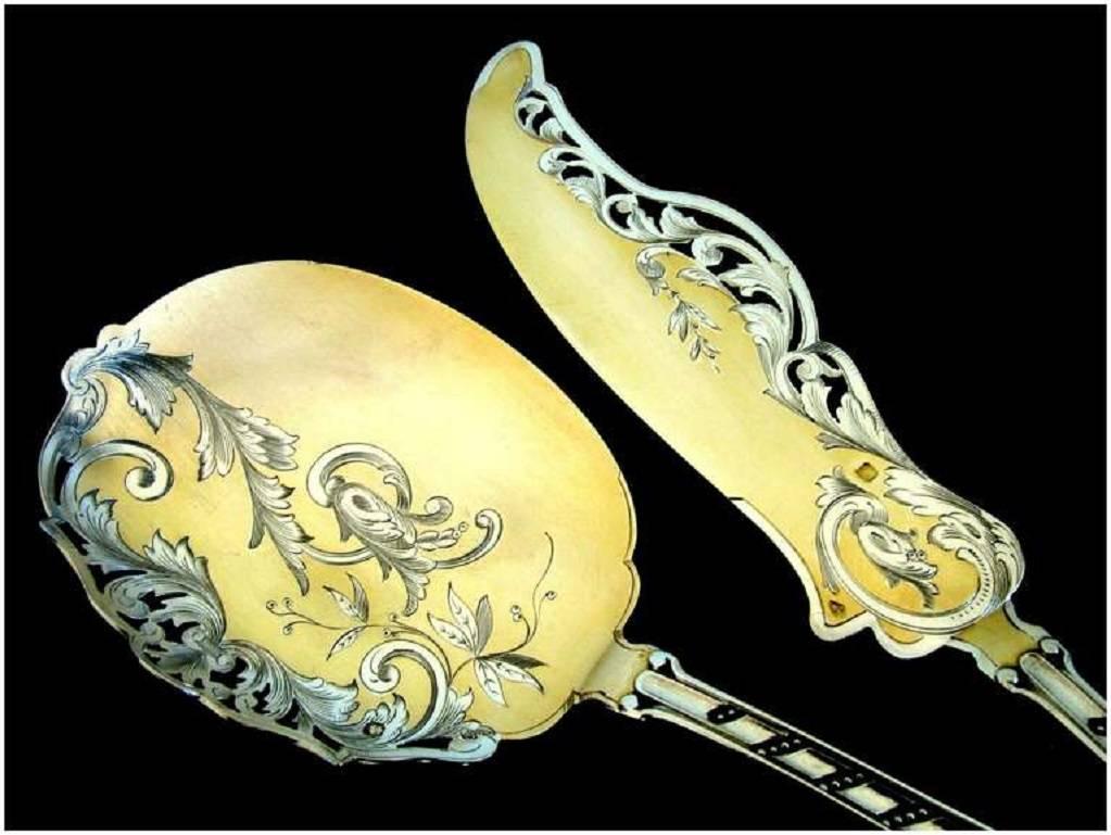 Souflot French All Sterling Silver 18-Karat Gold Ice Cream Set of Two Pieces Box For Sale 3