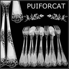 Puiforcat French Sterling Silver Dessert Entremet Flatware Set 12 Pieces Rococo