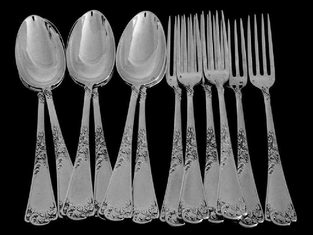 Late 19th Century Puiforcat French Sterling Silver Dinner Flatware Set of 12 Pieces Rococo For Sale