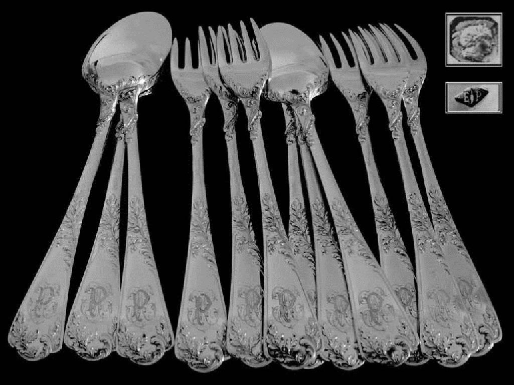 Puiforcat French Sterling Silver Dinner Flatware Set of 12 Pieces Rococo For Sale 2