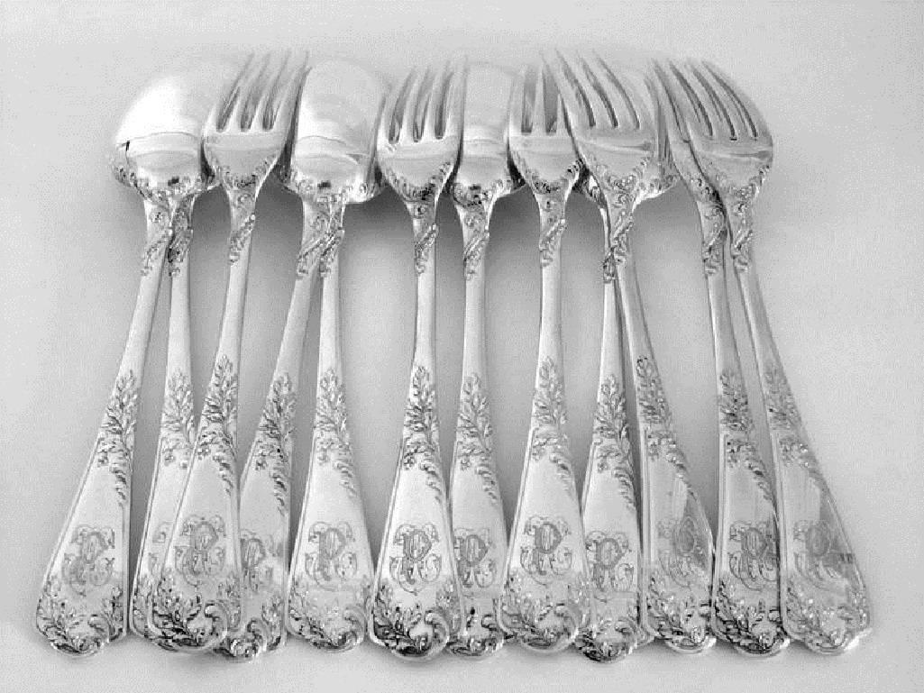 Puiforcat French Sterling Silver Dinner Flatware Set of 12 Pieces Rococo For Sale 6