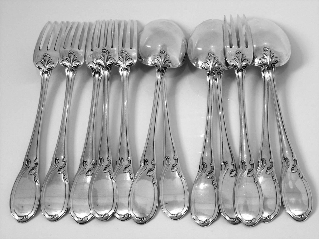 Canaux French Sterling Silver Dessert Entremet Flatware Set 12 Pieces Rococo In Good Condition For Sale In TRIAIZE, PAYS DE LOIRE