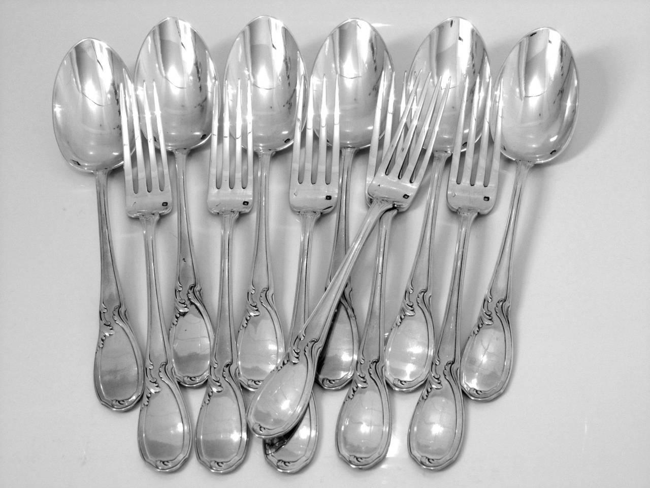 Early 20th Century Canaux French Sterling Silver Dessert Entremet Flatware Set 12 Pieces Rococo For Sale