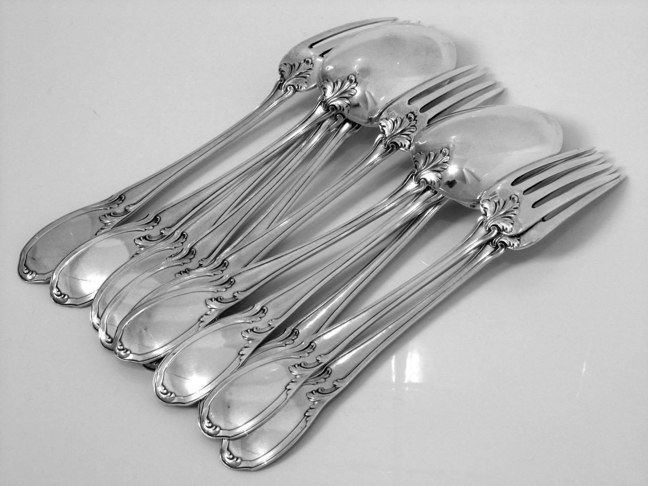 Canaux French Sterling Silver Dessert Entremet Flatware Set 12 Pieces Rococo For Sale 1