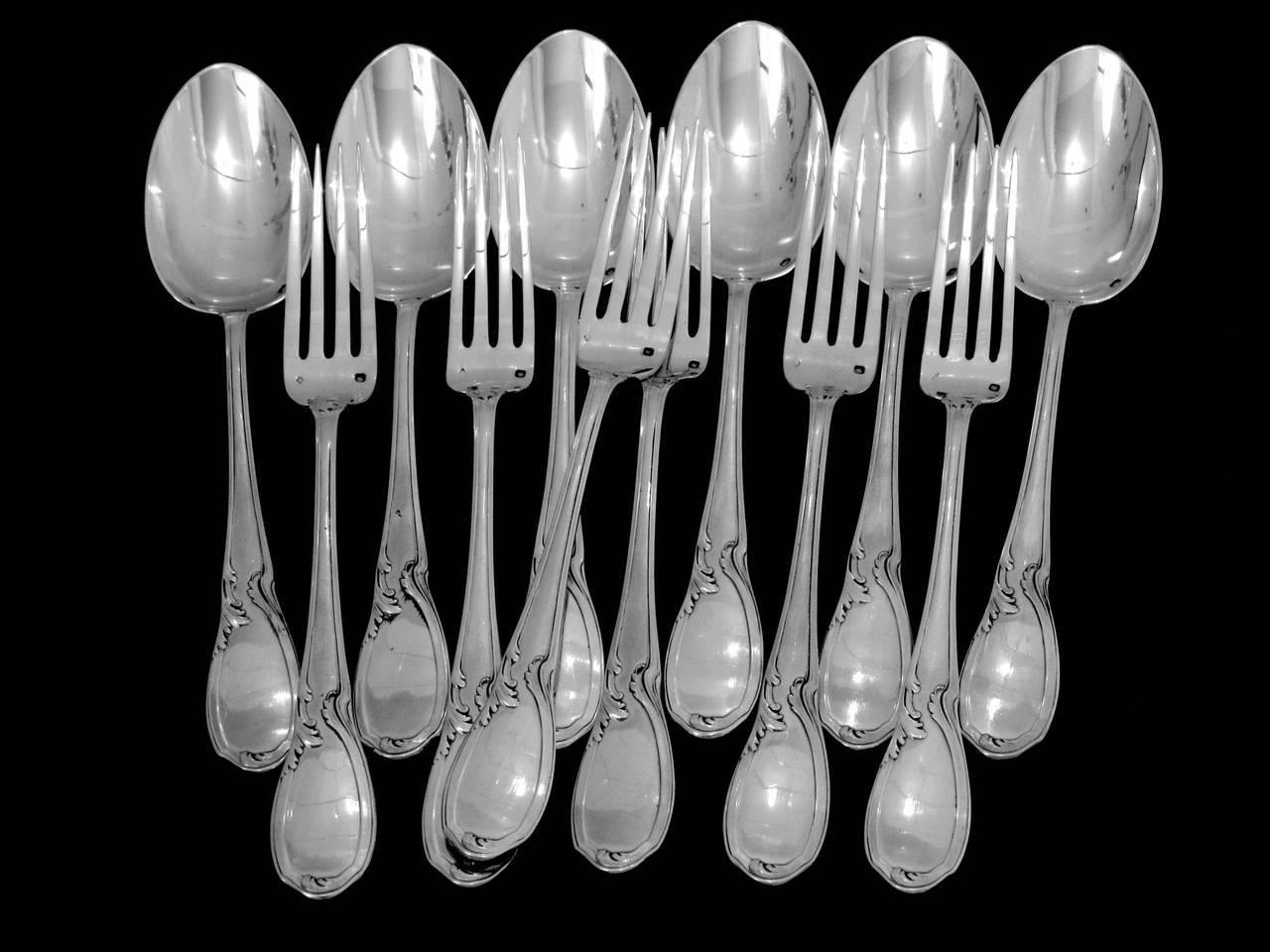 Canaux French Sterling Silver Dessert Entremet Flatware Set 12 Pieces Rococo For Sale 2