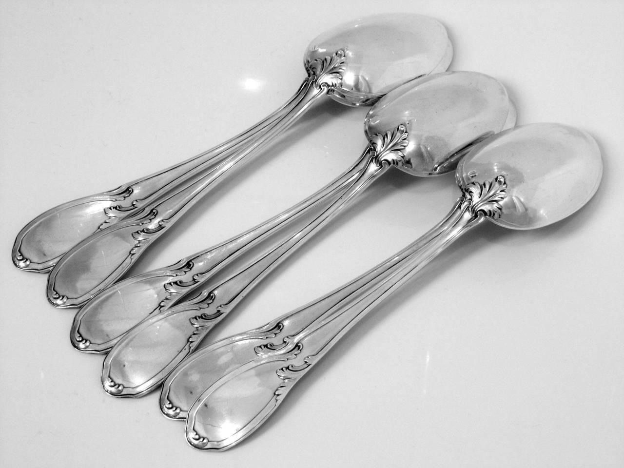 Canaux French Sterling Silver Dessert Entremet Flatware Set 12 Pieces Rococo For Sale 6
