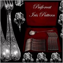 Puiforcat French Sterling Silver Dinner Flatware Set 25 Pc, Original Box, Iris