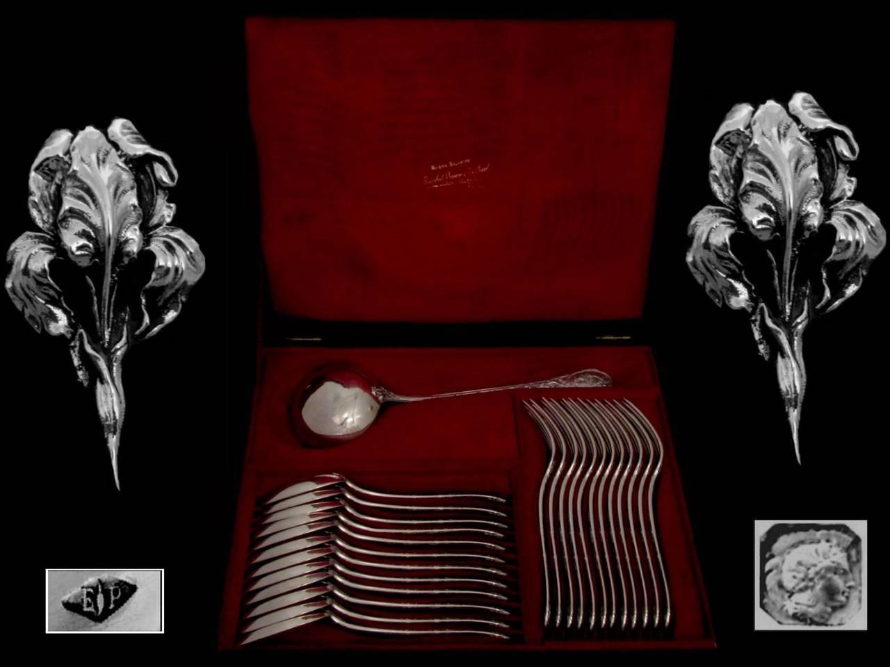 Puiforcat French Sterling Silver Dinner Flatware Set 25 Pc, Original Box, Iris For Sale 5