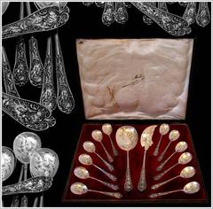 Bonnescoeur French All Sterling Silver Ice Cream Set 14 Pieces with Box Rococo