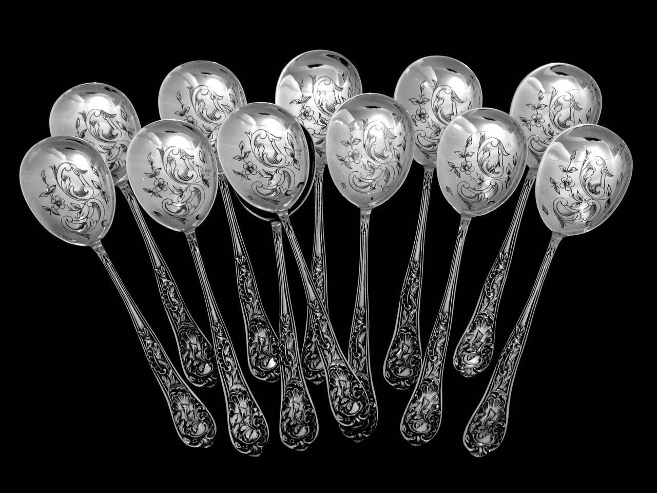 Bonnescoeur French All Sterling Silver Ice Cream Set 14 Pieces with Box Rococo For Sale 2