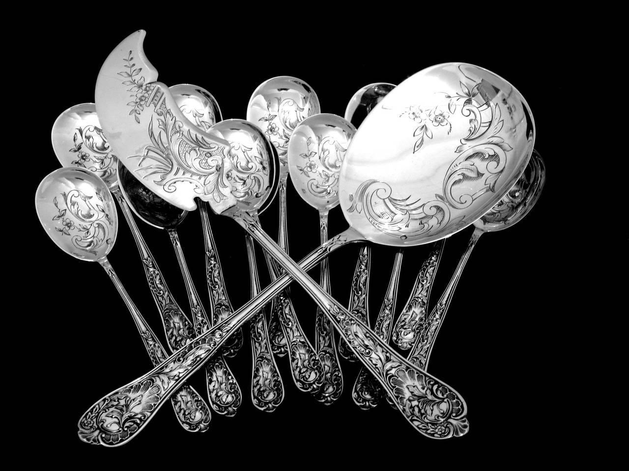 Bonnescoeur French All Sterling Silver Ice Cream Set 14 Pieces with Box Rococo For Sale 3