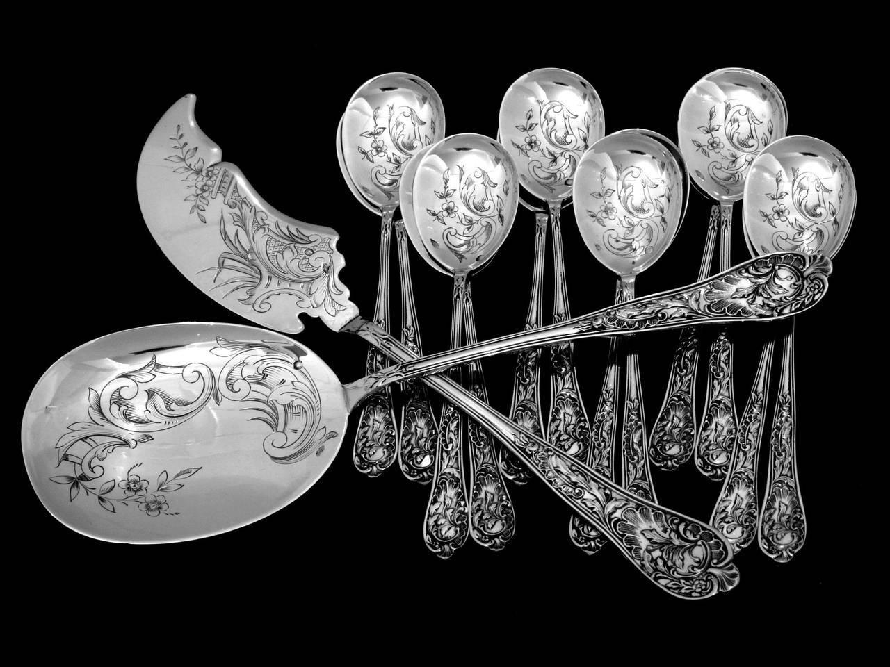 Bonnescoeur French All Sterling Silver Ice Cream Set 14 Pieces with Box Rococo For Sale 4