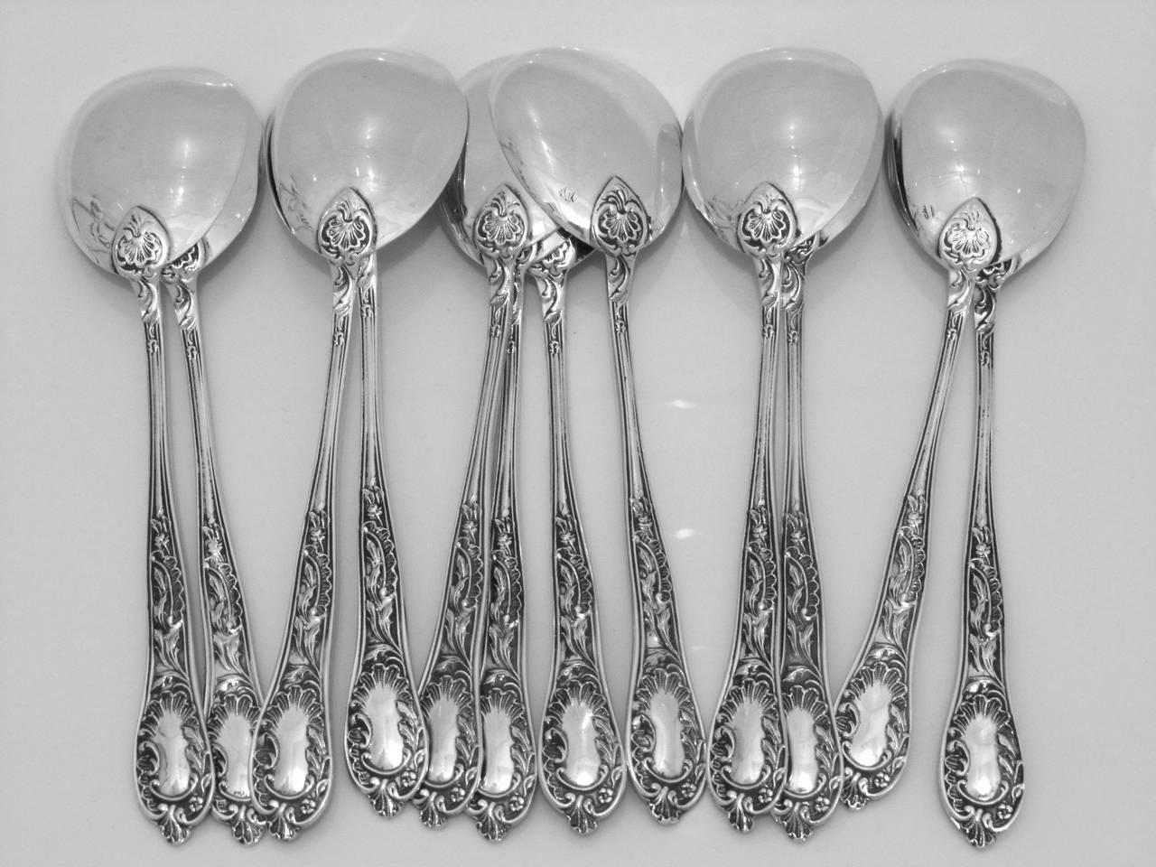 Bonnescoeur French All Sterling Silver Ice Cream Set 14 Pieces with Box Rococo For Sale 5
