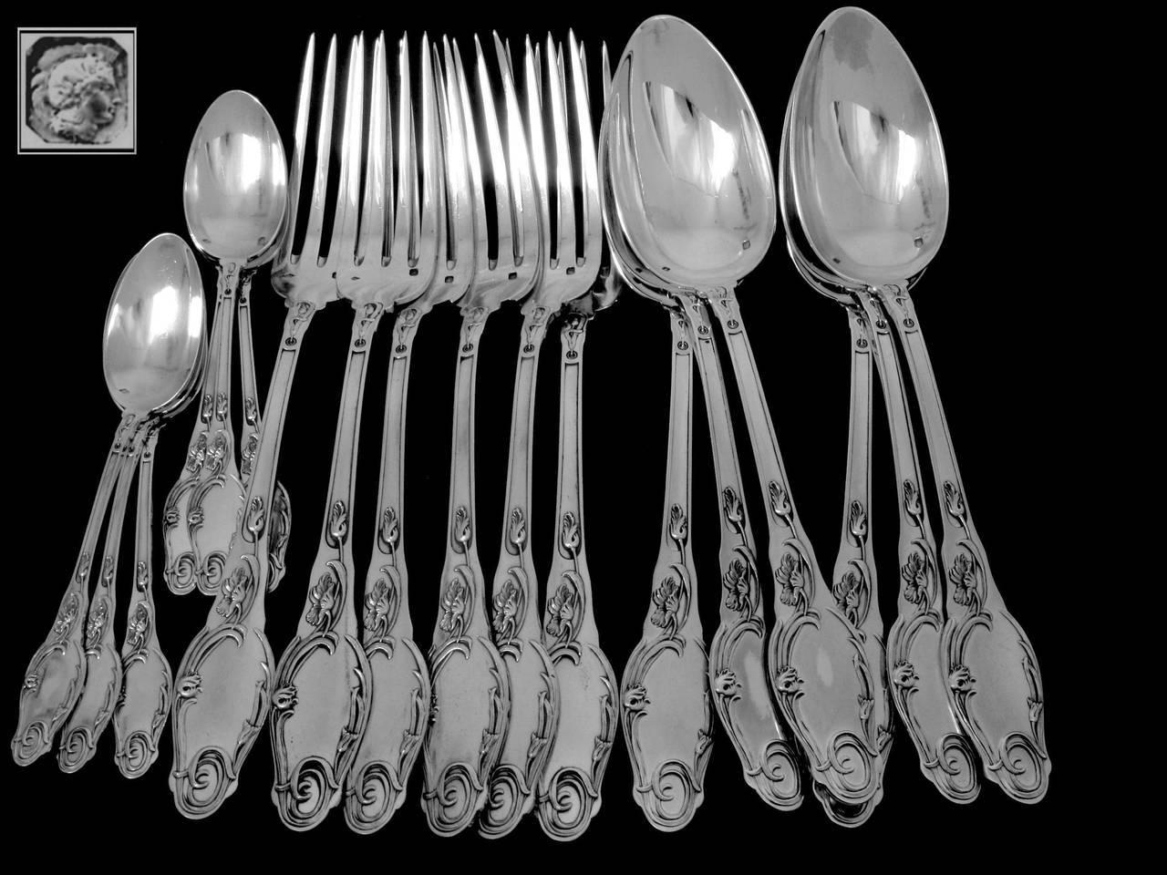 Late 19th Century Lapparra Fabulous French Sterling Silver Dinner Flatware Set 18 Pieces Poppies