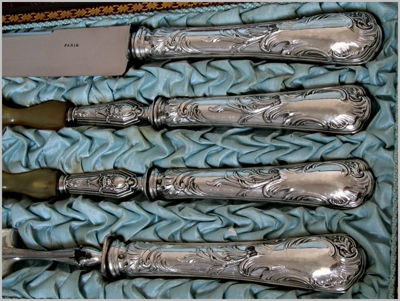 Gorgeous French Rococo Sterling Silver Salad Serving Carving Set 4 Pc with Box In Good Condition For Sale In TRIAIZE, PAYS DE LOIRE