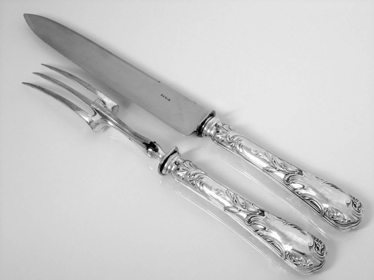 Early 20th Century Gorgeous French Rococo Sterling Silver Salad Serving Carving Set 4 Pc with Box For Sale