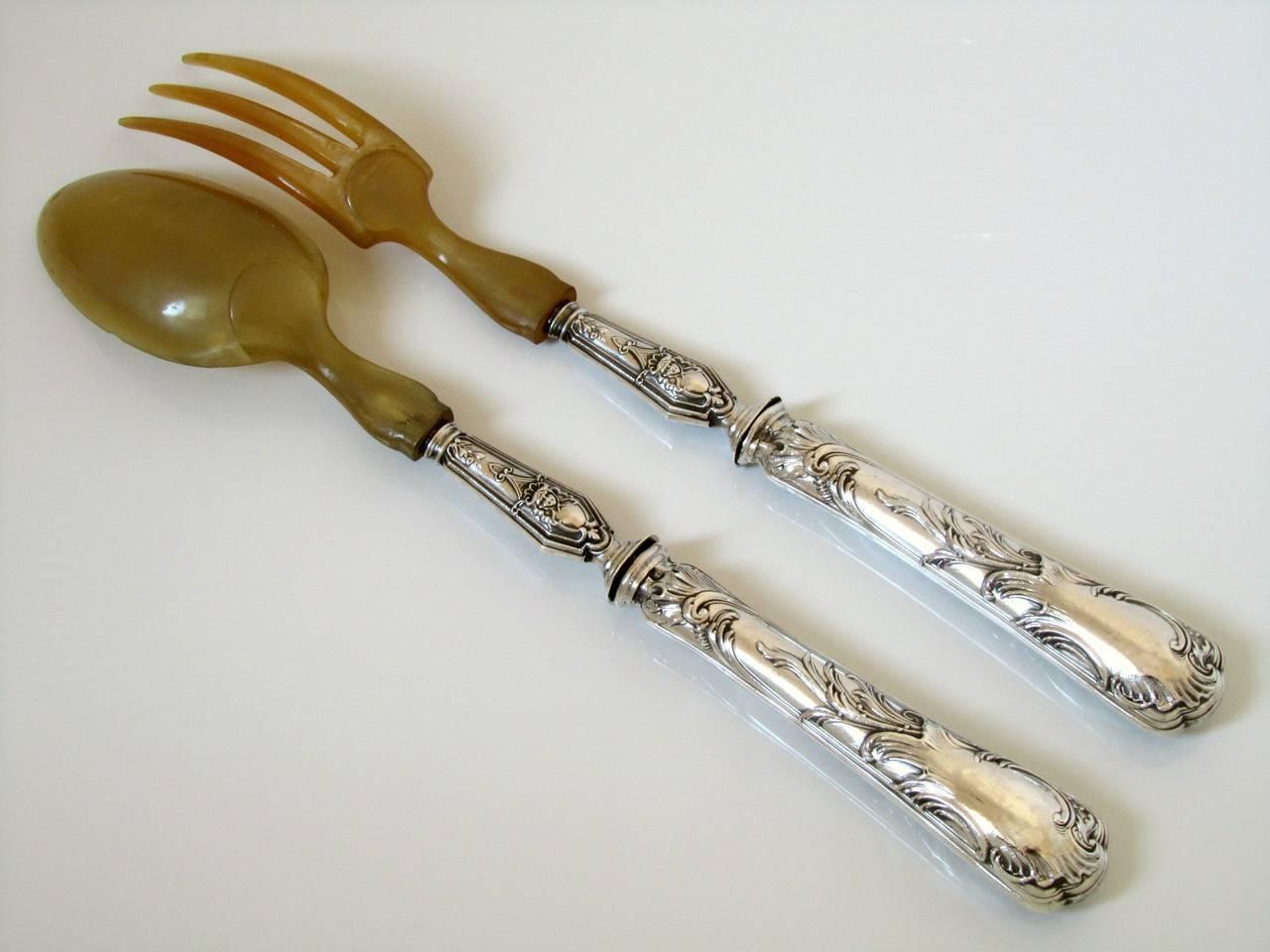 Gorgeous French Rococo Sterling Silver Salad Serving Carving Set 4 Pc with Box For Sale 1