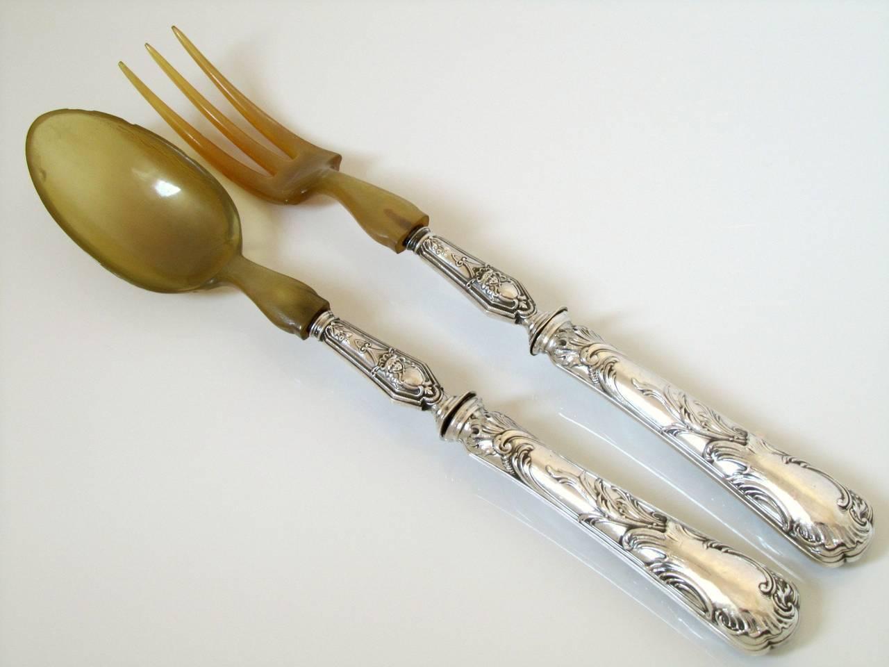 Gorgeous French Rococo Sterling Silver Salad Serving Carving Set 4 Pc with Box For Sale 2