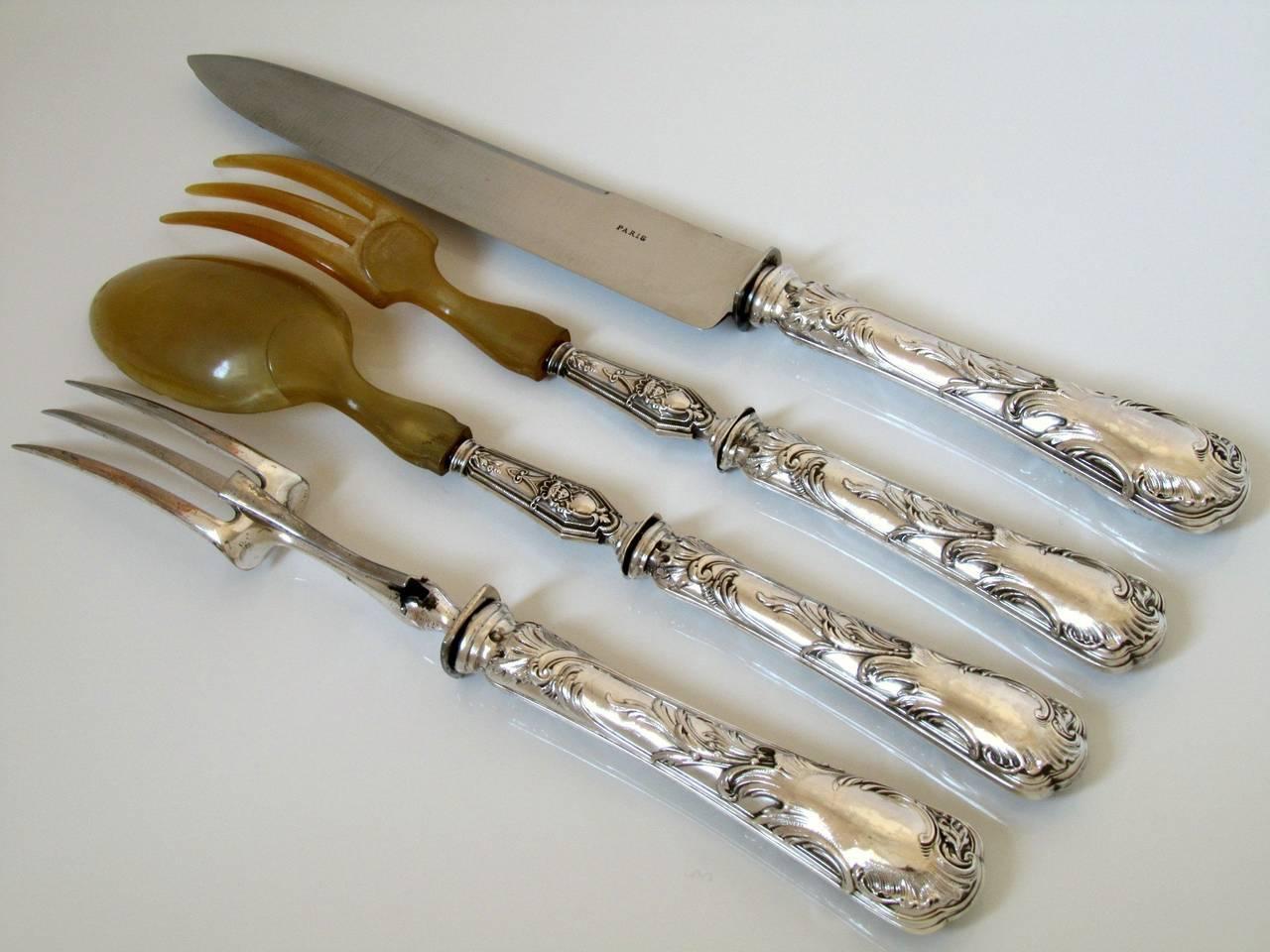 Gorgeous French Rococo Sterling Silver Salad Serving Carving Set 4 Pc with Box For Sale 3