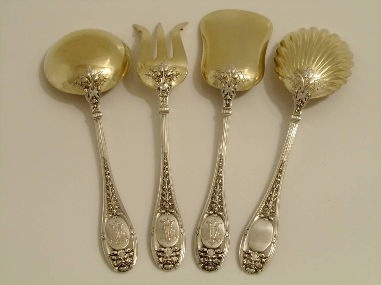 Henin Fabulous French All Sterling Silver 18k Gold Dessert Set Mascarons In Good Condition In TRIAIZE, PAYS DE LOIRE