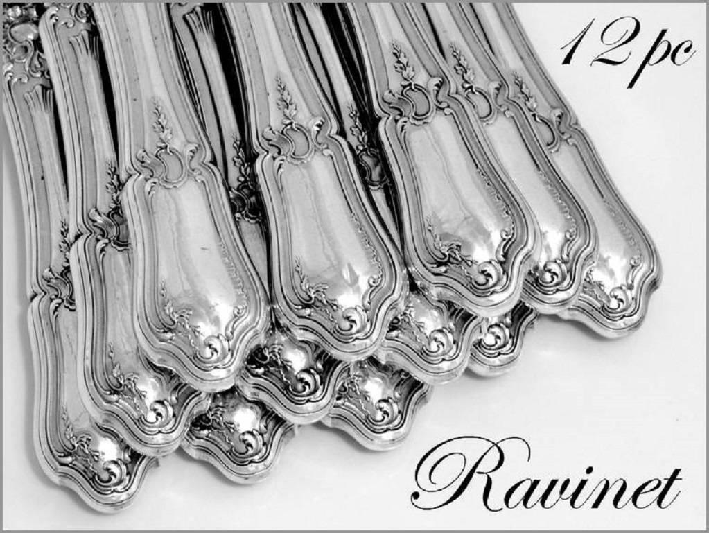Rococo 1895 Ravinet French Sterling Silver Dinner Knife Set New Stainless Steel Blades For Sale