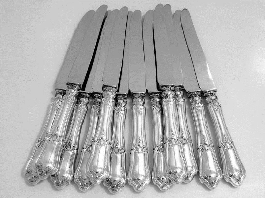 1895 Ravinet French Sterling Silver Dinner Knife Set New Stainless Steel Blades In Good Condition For Sale In TRIAIZE, PAYS DE LOIRE