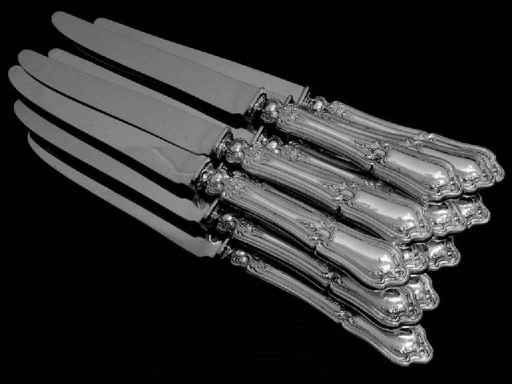 Late 19th Century 1895 Ravinet French Sterling Silver Dinner Knife Set New Stainless Steel Blades For Sale