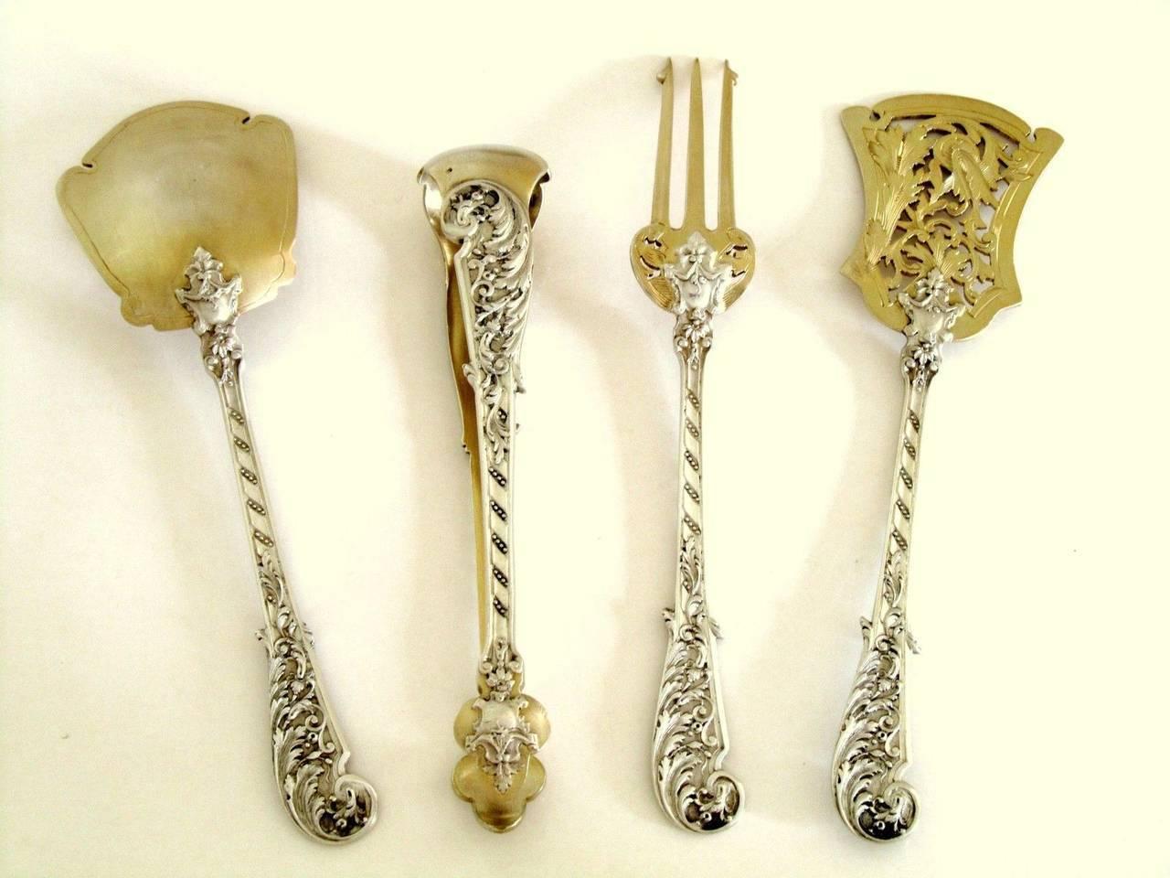 Rococo Soufflot French Sterling Silver 18-Karat Gold Dessert Hors D'oeuvre Set Box For Sale