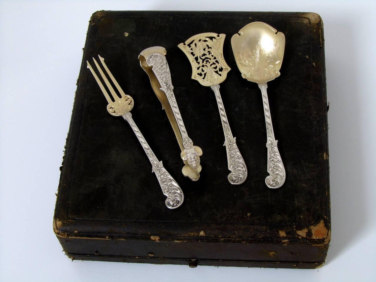 Soufflot French Sterling Silver 18-Karat Gold Dessert Hors D'oeuvre Set Box For Sale 3