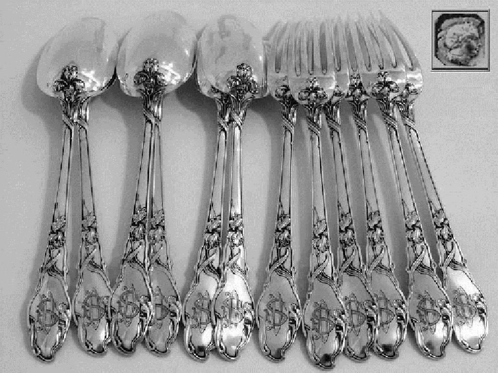 Art Nouveau Ravinet Rare French Sterling Silver Dinner Flatware Set 12 Pieces Iris Pattern