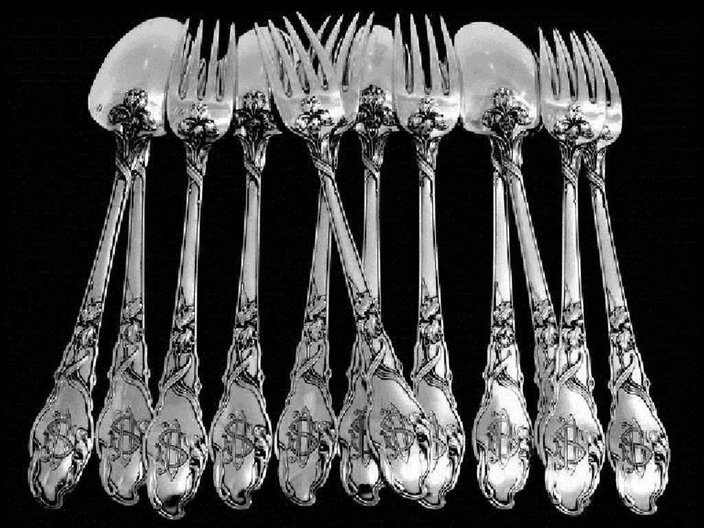 Ravinet Rare French Sterling Silver Dinner Flatware Set 12 Pieces Iris Pattern 3