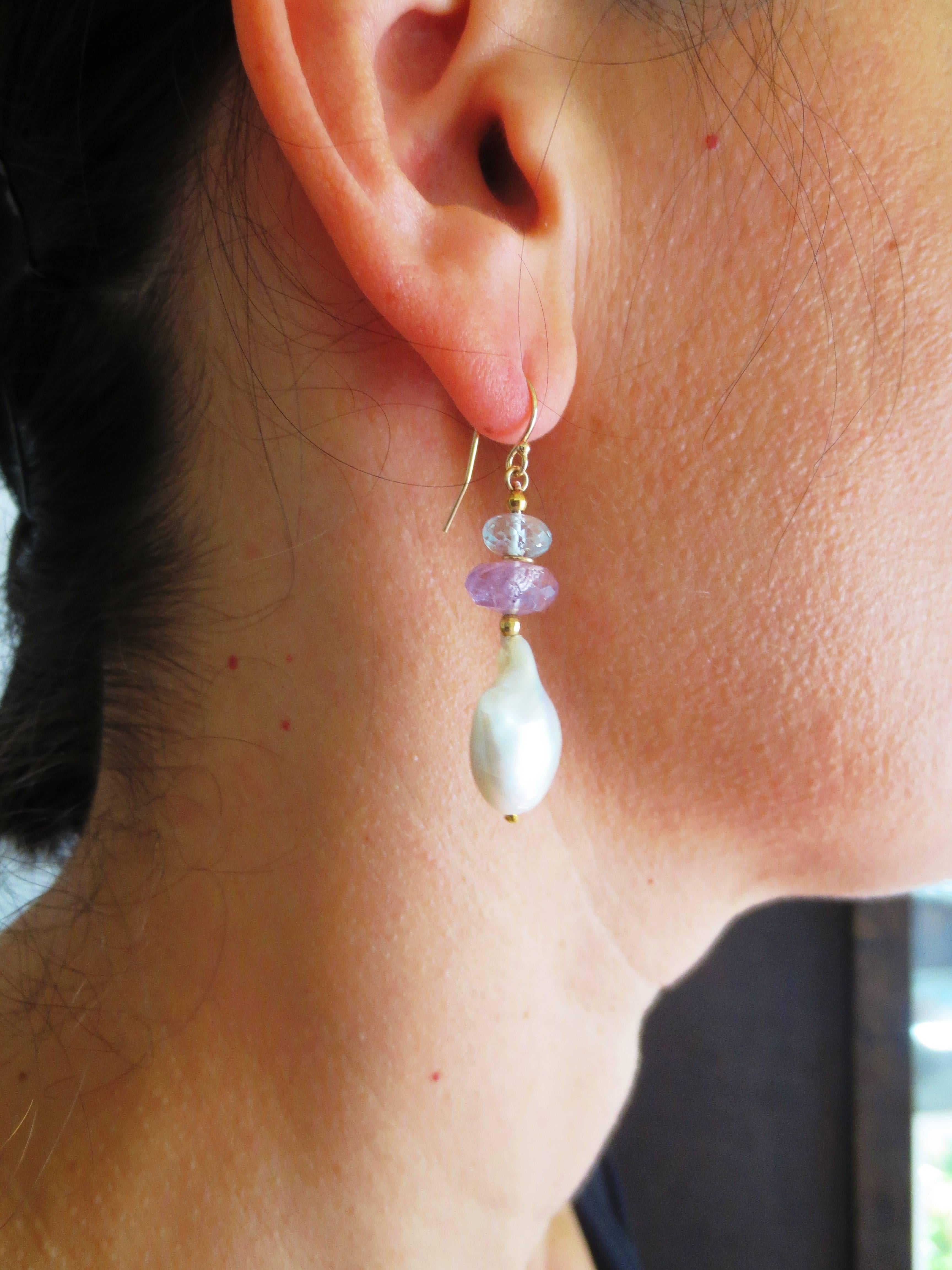 Artist Marina J Aquamarine Amethyst Roundels with Baroque Pearl Earrings and Gold Hook