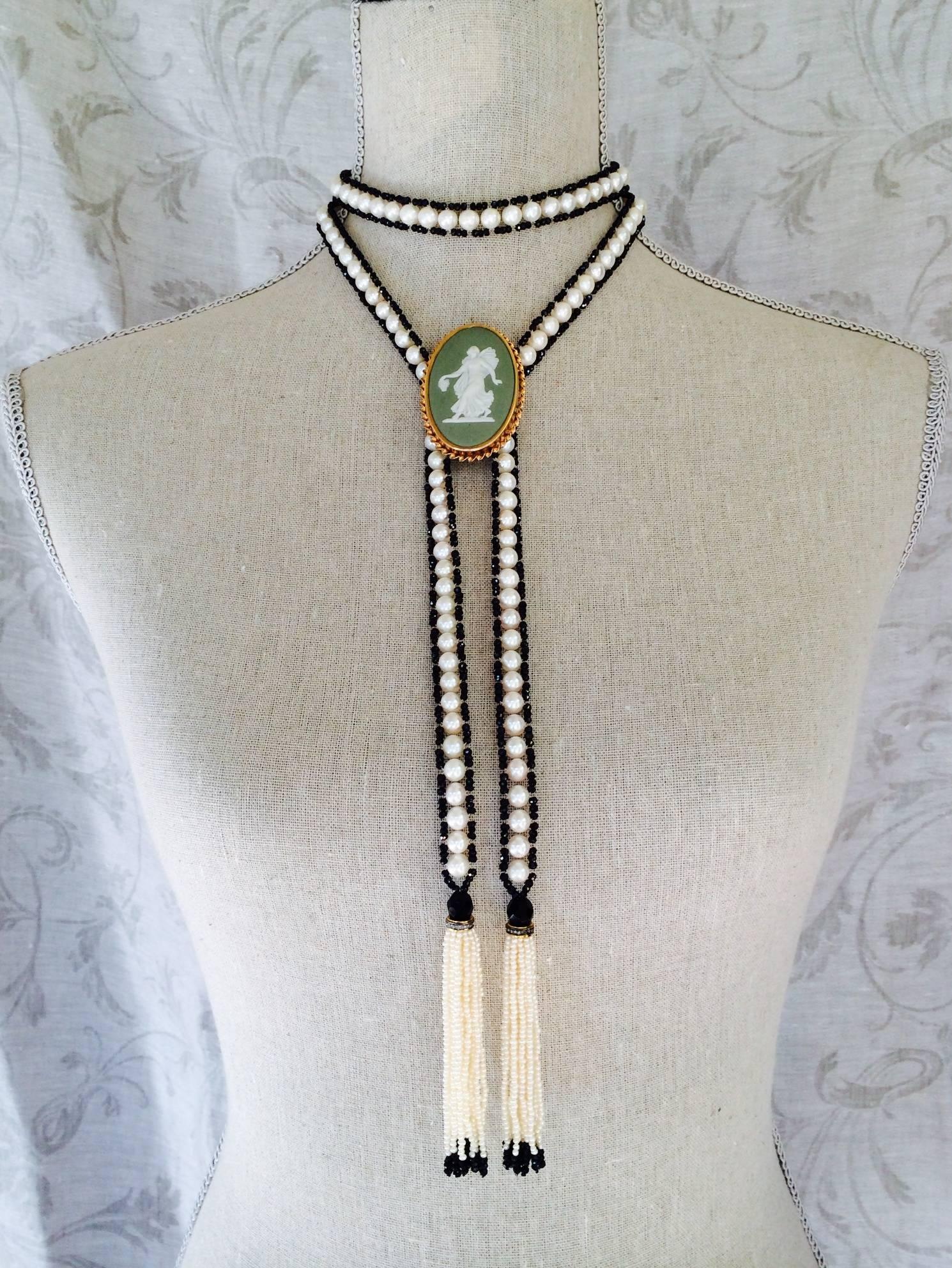 Art Deco Woven White Pearl, Faceted Black Spinel, and Onyx Beaded Sautoir by Marina J 