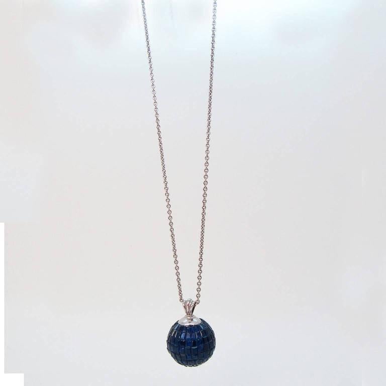 Invisibly Set Sapphire Diamond Globe Form Pendant Necklace In Good Condition For Sale In Concord, MA
